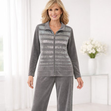 Midnight Velvet Gray Sequin Velour 2  Pc Zip Jacket Pant Set Women  s L Soft Glam