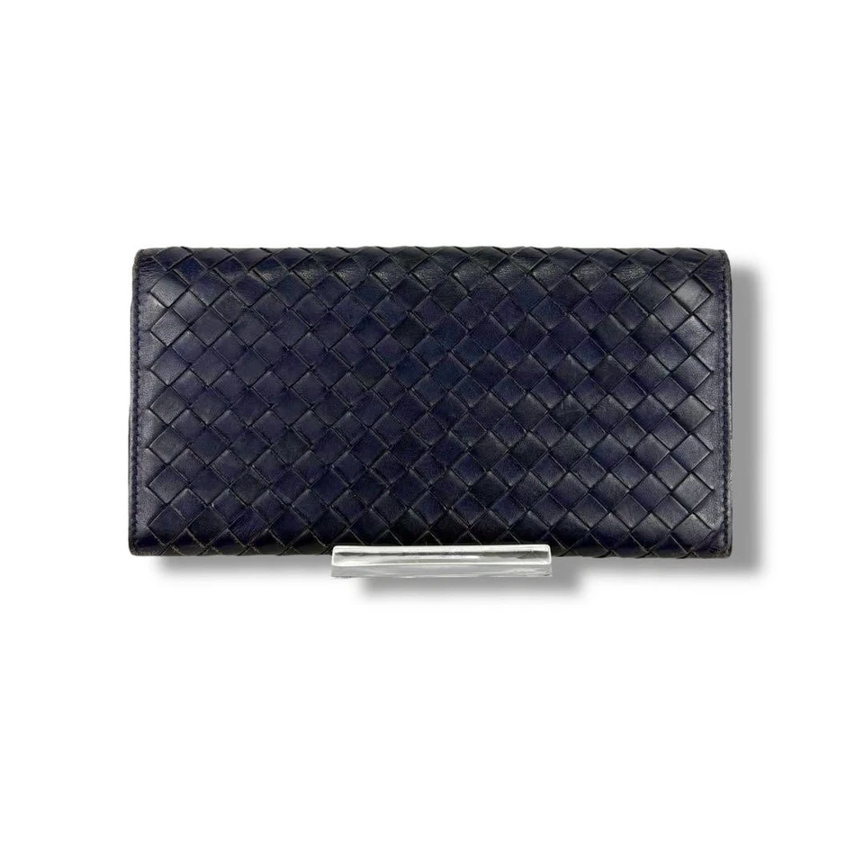 Cartera Larga Bottega Veneta Intrecciato Doble Pliegue Cuero Azul Marino Unisex Hecha en Italia Foto 3 de 4