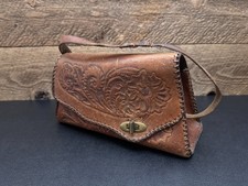 Vintage Tooled Leather Hand Bag Western Womens Purse Hand Stitched Brass Closure
