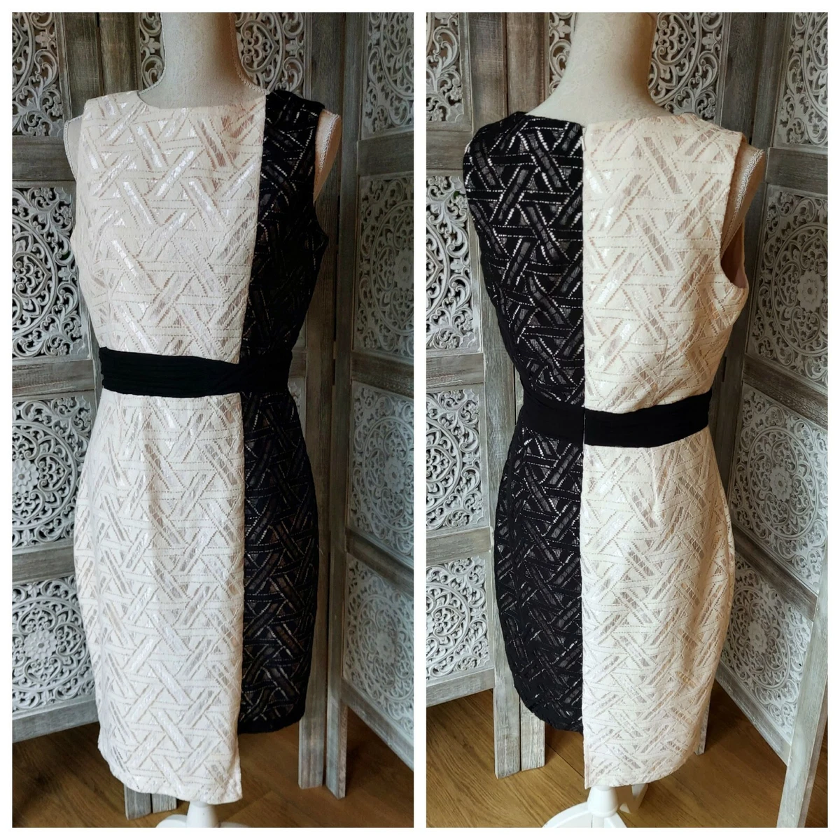 LITTLE MISTRESS Womens Size 12 CREAM BLACK Lace Effect Colourblock Fitted Dress