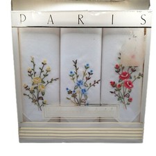 Vintage Paris Set Of 3 Ladies Fancy Hankerchiefs Pure Cotton Floral Embroidered