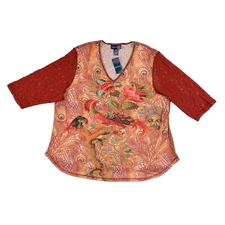 NWT Venezia Blouse Womens 22/24 Orange Floral Lace Short Sleeve Boho Art to Wear