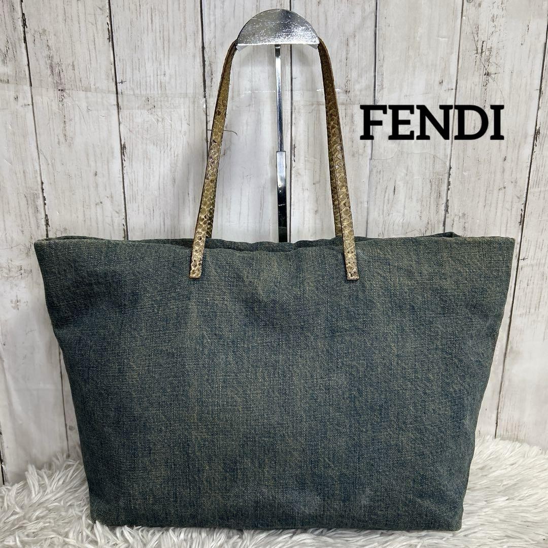 Fendi Camo Logo Denim Python Tote Bag Spacious Pre-Owned