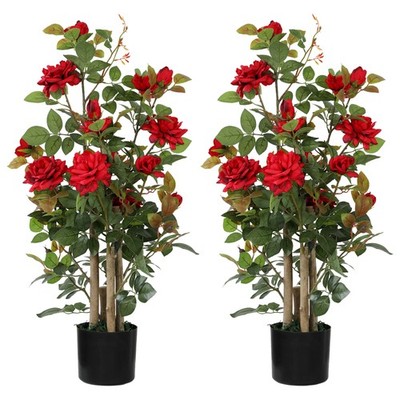 HOMCOM Künstlicher Rosenbaum 2er Set mit 344 Seidenblättern & 17 Blumen, rot