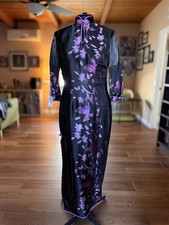 Black and Purple Floral Cheongsam Qi Pao Long Dress Long Sleeve Classy Elegant