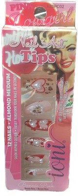 ioni Nail Art Tips Pink Red White 3D Medium Almond Salon Inspired Heart Design
