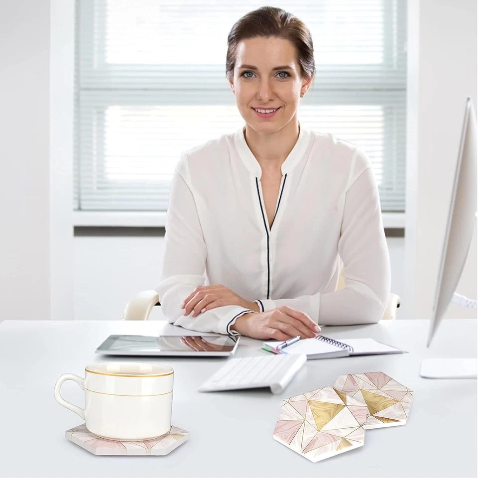 6 Sottobicchieri in Marmo Rosa Con Supporto Sottobicchieri Assorbenti Oro Sottob - Immagine 4 di 4