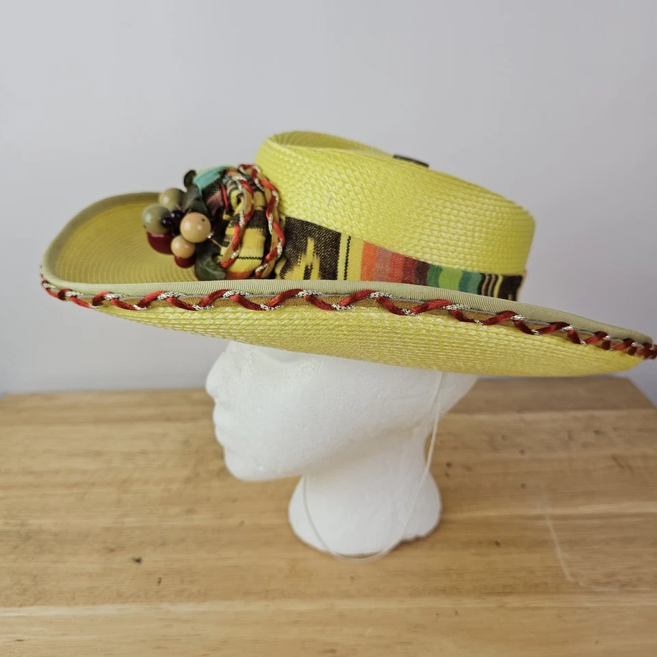 Halos USA Yellow Straw Fruit Trim Hat Wide Brim Vintage Summer Resort Garden - Image 2 of 4