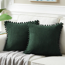Set of 2 Dark Green Boho Decorative Throw Pillow Covers 20x20 Inch with Pom-poms