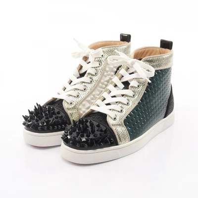 Christian Louboutin Spike Studs Baskets Chaussures #40 Cuir Toile Noir Vert - Photo 1/4