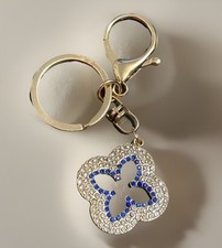 Gold Tone Clover Bag Charm With Clear Sapphire Rhinestones Key Chain W/clasp