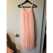 Vintage Peach Nylon Peignoir Set Lace Trim Ruffle Hem Robe Gown Medium USA Made