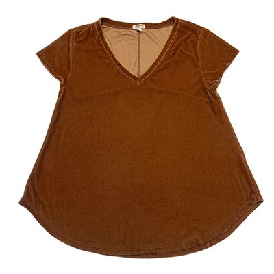 Dylan Cognac Brown Copper Velvet V-Neck Earthy Boho Short Sleeve Top Size M