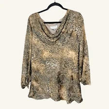 Y2K Papell Boutique Evening Silk Blouse Top Cowl Neck Sequins Leopard Sz XL