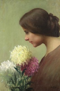 KAROLY HOLCZER (1873 1930) LARGE SIGNED HUNGARIAN OIL YOUNG GIRL WITH FLOWERS