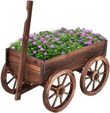 GRAFFY Wooden Wagon Flower Planter Cart w/ Handle  Wheels for Patio Garden