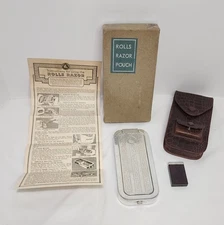 Vtg 1950s ROLLS Razor Kit w/2 Blades Original Box Leather Case & Paper -ENGLAND 