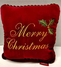 Christmas Velvet Red Decor Embroidered Throw Pillow Braided Cord 13 x 13 Square