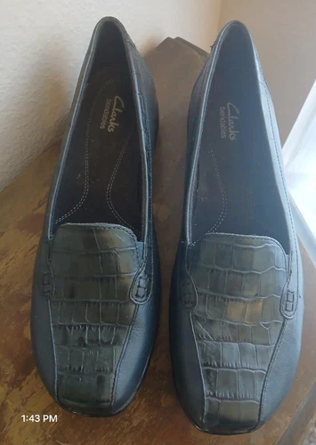 Nuovi mocassini Clarks Bendables Bayou 15260 Moc Croc slip on in pelle blu scuro 11 M