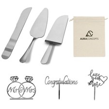 Silver Wedding Cake Knife and Server Set with Bonus Cake Toppers
