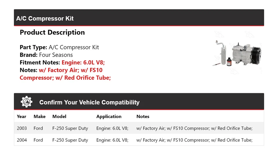 Kit de compresor de aire acondicionado V8 6,0 L para Ford F-250 Super Duty 2003-2004 4 estaciones Foto 2 de 4