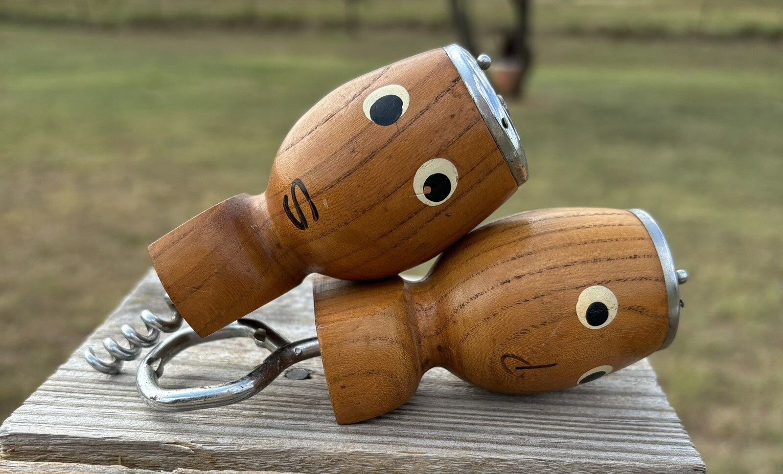 Mid century, wooden handle w/ faces , cork screw/ bottle opener Salt And Pepper