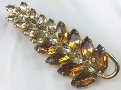 Lovely Vintage Rhinestone & Gold Tone Leaf Pin Brooch w/Stem