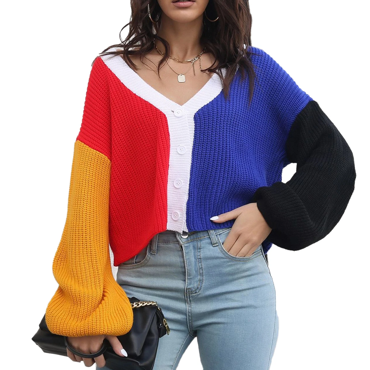 L-Red Blue Color Block)Women Knit Sweater V Neck Dropped Shoulder Long  Sleeve | eBay