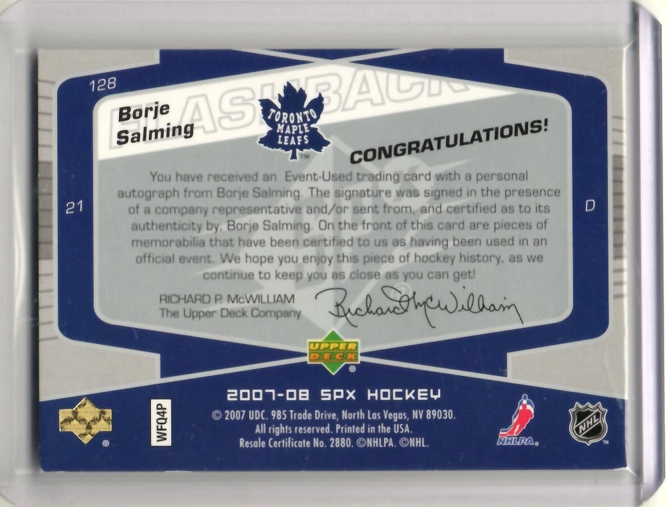 2007-08 SPx Flashback Fabrics Patch Autograph #128 Borje Salming 25/25 - Image 2 of 4