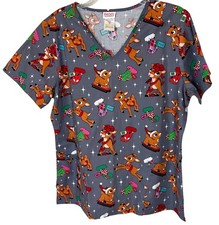 Rudolph the Red Nose Reindeer Scrub Top Size Medium M 2 Front Pockets V Neck
