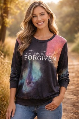 Size XL Women's Forgiven Christian Long Sleeve Crew Neck Top Black Print Shirt 