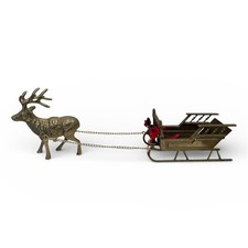 VTG Christmas Brass Reindeer Pulling Sleigh Holiday Decor w/box Made in Taiwan