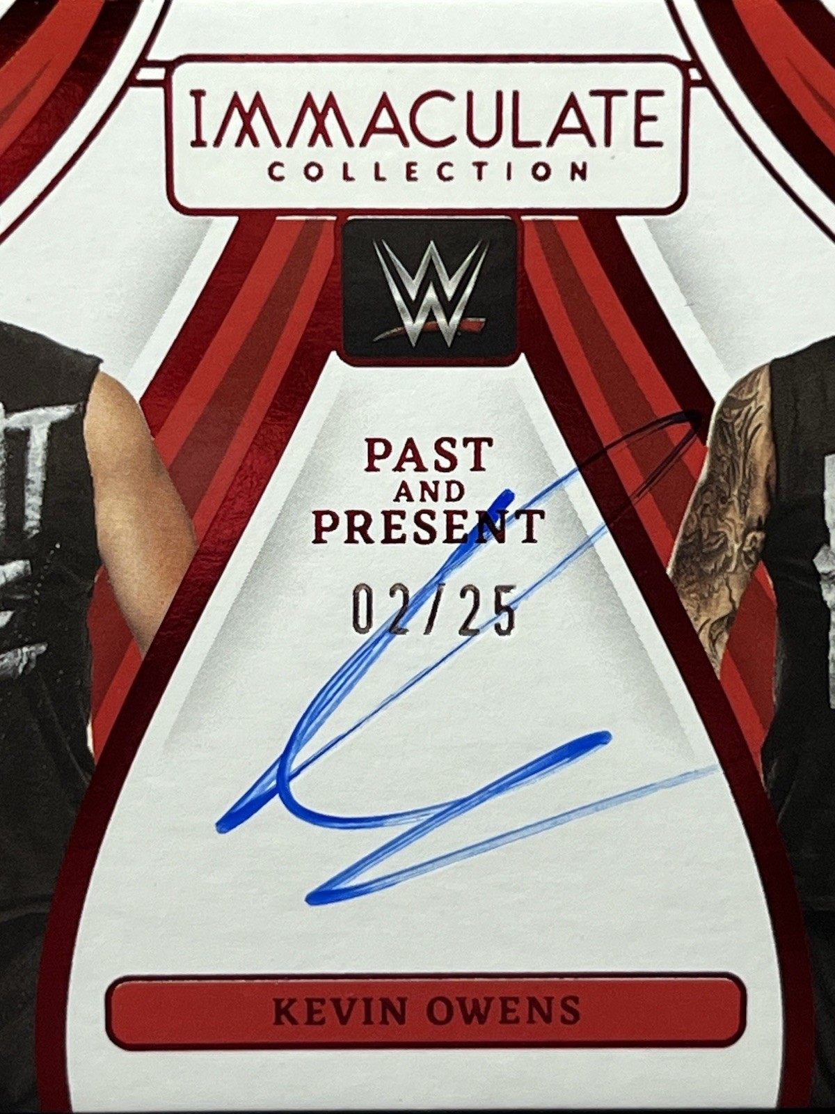 Kevin Owens Auto 2023 Panini Immaculate WWE Past and Present Red /25 On Card view 3