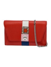 AKRIS Anouk Coral Red Leather Crossbody Bag Colorblock Stripe Chain Clutch NWOT