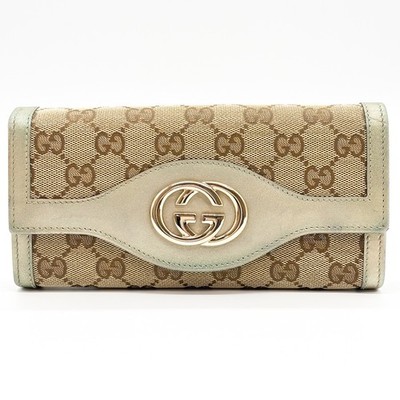 GUCCI GG Canvas Long Wallet Purse Interlocking G Beige Brown Leather Auth