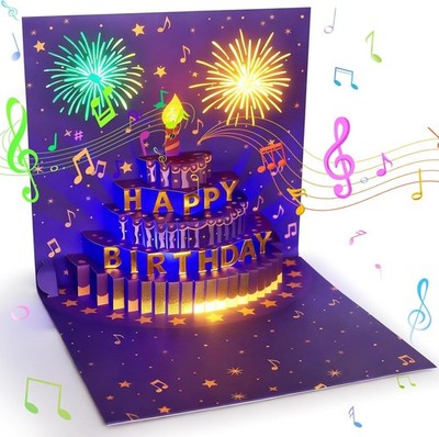 3D Pop up Musical Birthday Card with Lights & Blow-Out Candle, Singing Happy Bir