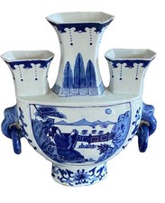 Vintage Cloisonne Unique ThreeFinger Design Blue Chinoiserie Tulip Vase Original