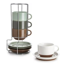 8 Ounce Cappuccino Cups Set of 4, Porcelain Stackable Coffee Cups with Saucer...