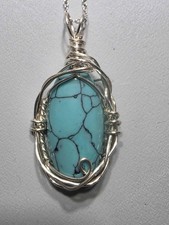 Handcrafted Wire Wrapped Turquenite Pendant Necklace w/ 18" Chain
