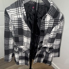 Iz Byer Girls Plaid Peacoat Black White M 10-12 Button Belted Mid-Length