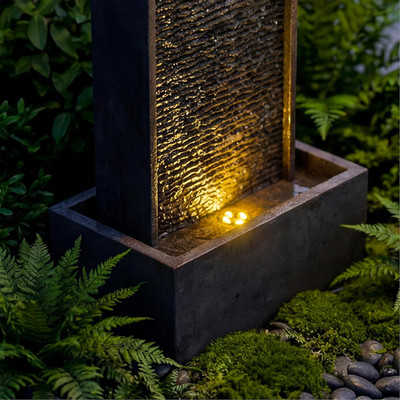 35-Inch Outdoor Water Fountain, Modern Curved Faux Slate Resin Indoor Waterfall