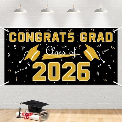 Class of 2026 Graduation Decorations Black Gold Backdrop Banner Party Decor