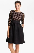 Eliza J Polka Dot Mesh Bodice Fit & Flare Dress, Black, 6 