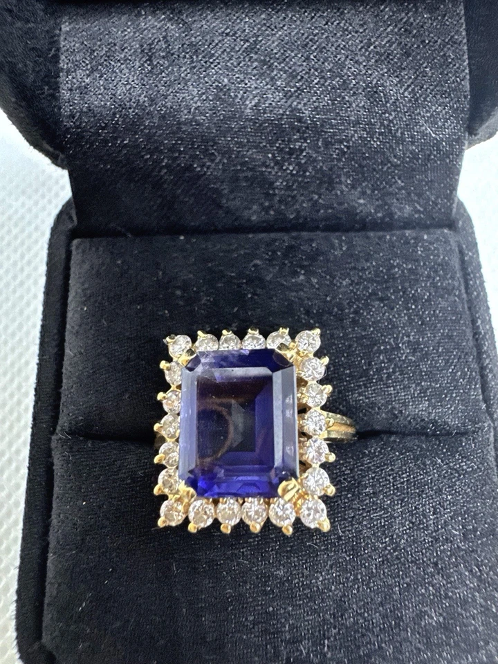 Anillo de oro amarillo de 14 kt y diamantes de iolita (zafiro de agua) y diamantes para dama talla 7 Foto 3 de 4