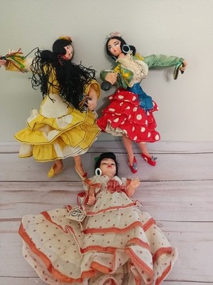 Vintage  Flamenco Dancer Dolls 7'' Dress Figurine Lot Of 3