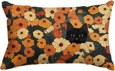 Spring Summer Floral Black Cat Throw Pillow Cover 12 x 20 Inch Flower