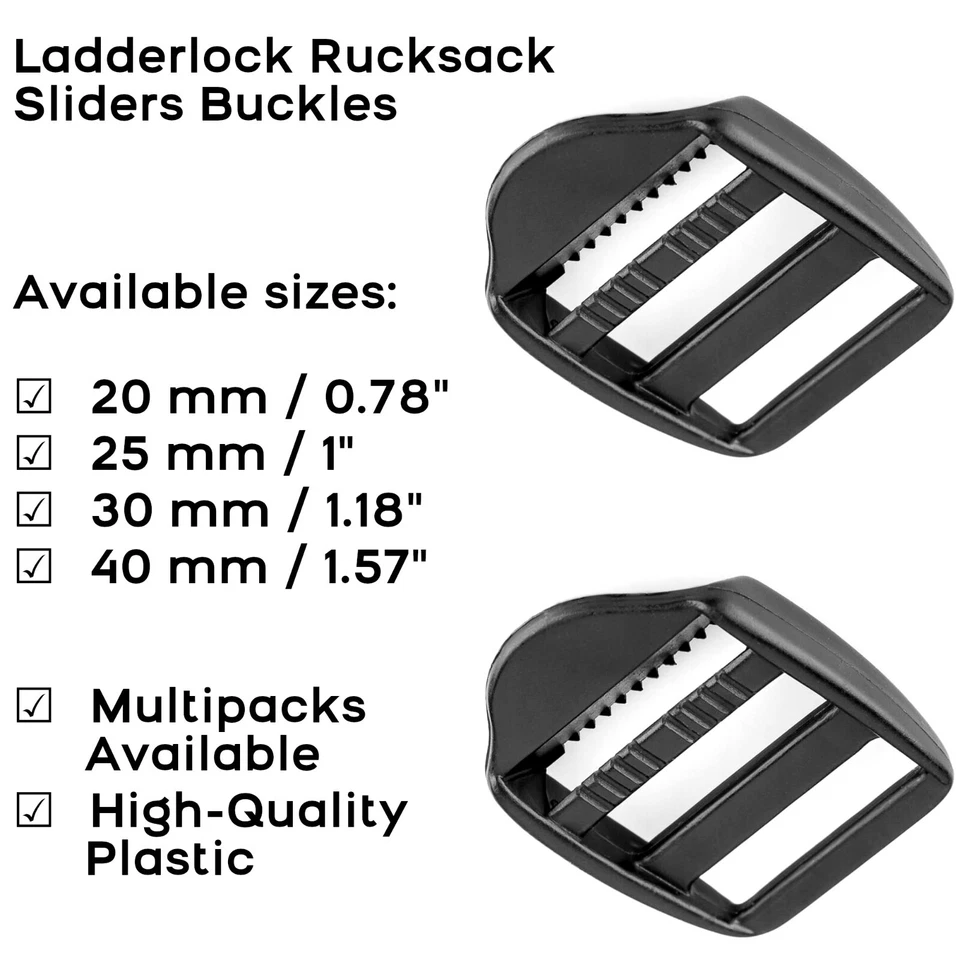 Ladderlock Rucksack Sliders Buckles Webbing Strap Black Delrin Plastic