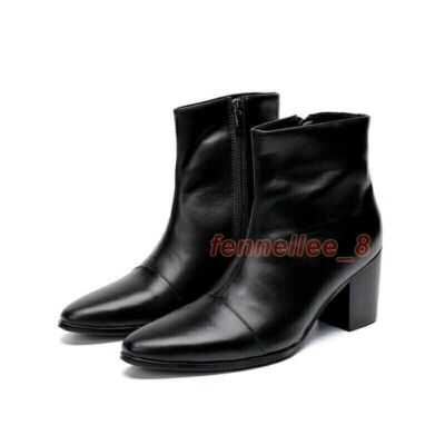 Mens Pointed Toe Cuban Heel Leather Chelsea Boots Ankle Boots High