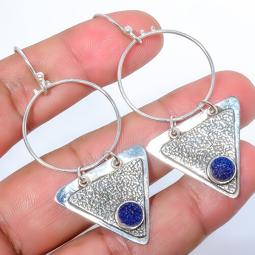 Titanium Blue Agate Drusy Sterling Silver Handmade Earrings 2.42 Inch E7323-57