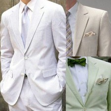 Men's Summer Breathable Striped Seersucker Suits Wedding Groom Blazer 2 Pieces